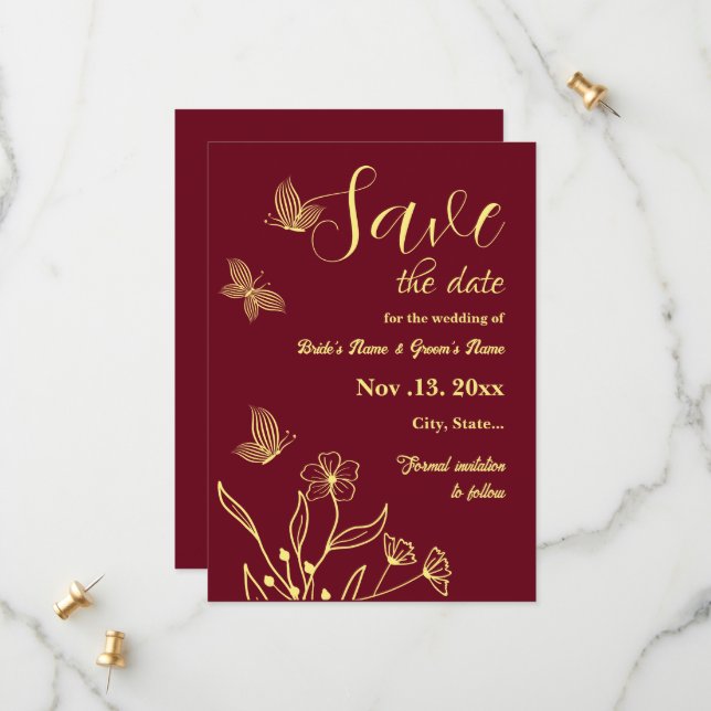 Romantische Blume goldfarben burgundische Hochzeit Save The Date (Vorderseite/Rückseite Beispiel)