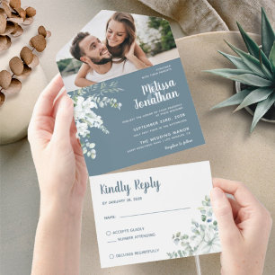 Romantische Blume Graues Foto Frühjahrshochzeit All In One Einladung