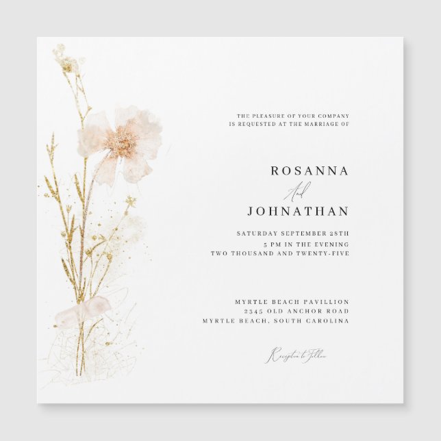 Romantische Blume Hochzeit mit Gold und Blush Magneteinladung (Vorderseite)