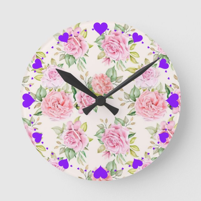Romantische Blume Muster Runde Wanduhr (Vorderseite)