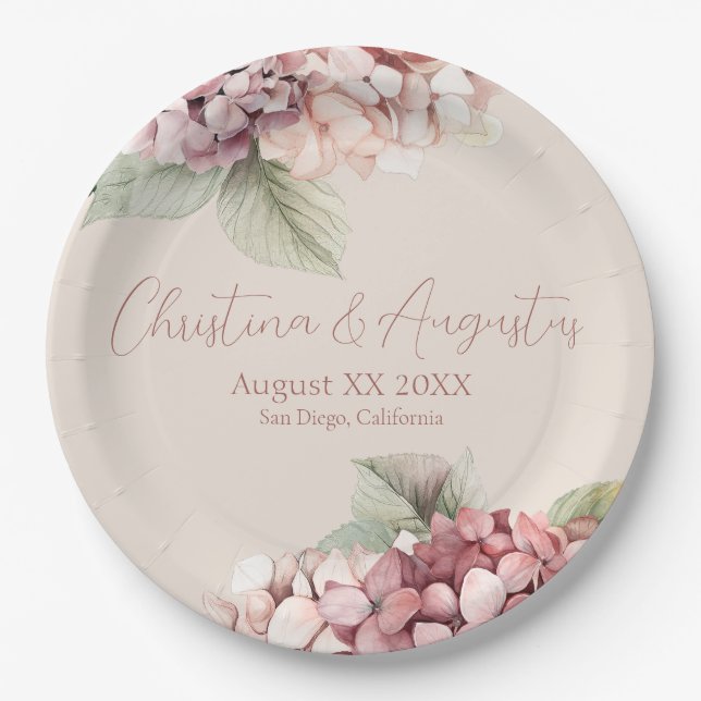Romantische Blume Pink & Blush Wasserfarbe Hydrang Pappteller (Vorderseite)
