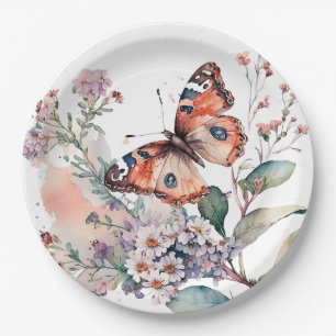 Romantische Blume und Orangenschmetterlinge Pappteller