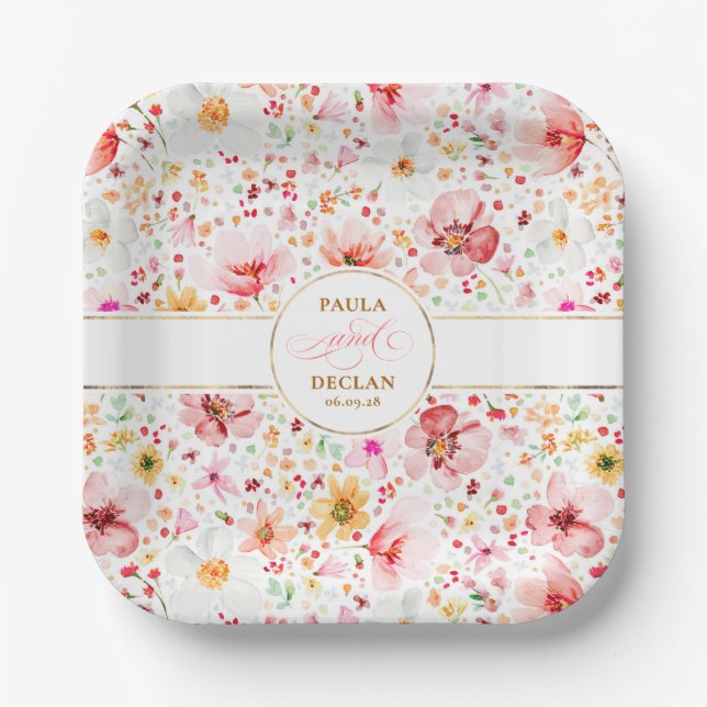 Romantische Blume Wasserfarbe Boho Garden Hochzeit Pappteller (Vorderseite)