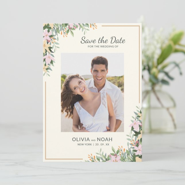 Romantische Blumen-Foto-Save-the-Date-Karte Save The Date (Stehend Vorderseite)