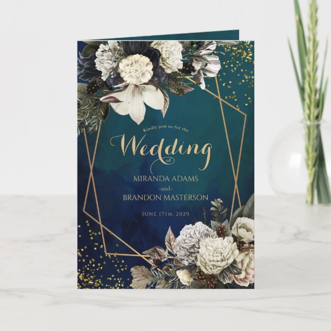 Romantische Blumen-Gold-Wreath-Hochzeit Einladung (Vorderseite)