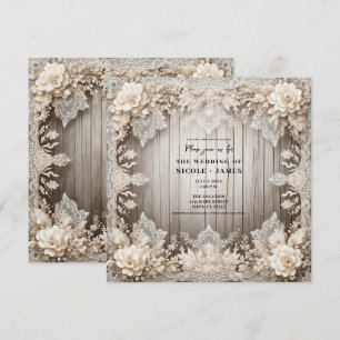 Romantische Blumen-Spitze + Rustikale Holz Hochzei Einladung