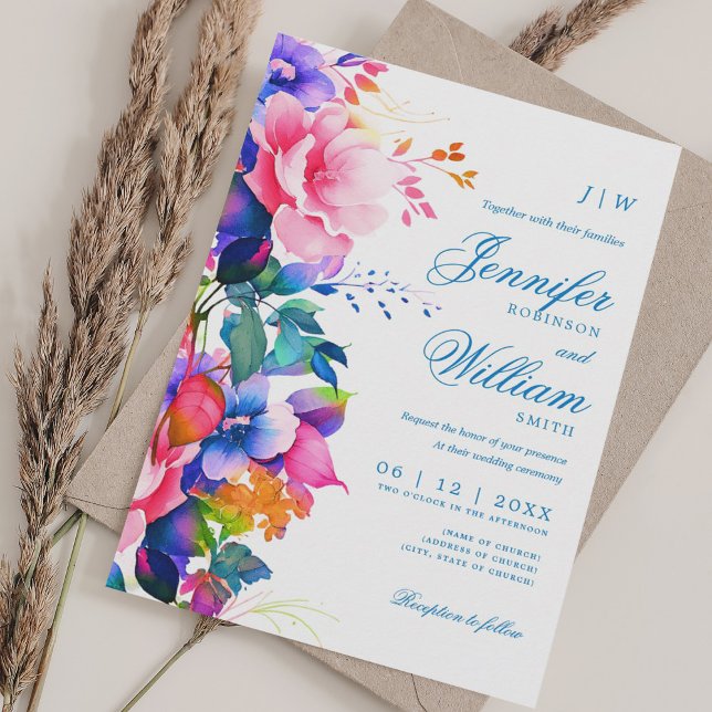 Romantische Blumenhochzeit Elegant Rainbow Ombre Einladung (Romantic Floral Wedding Elegant Rainbow Ombre Invitation)