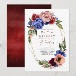 Romantische Blumenhochzeit in Rot und Navy Einladung