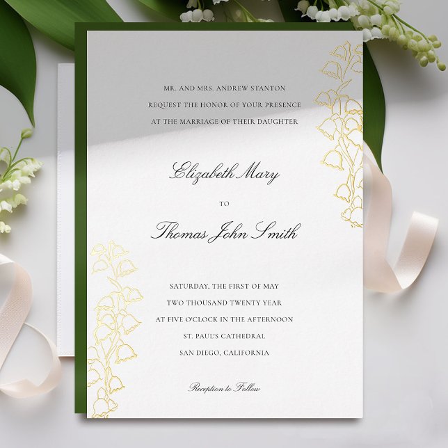 Romantische Blumenkizze Lily Tal Feierliche Hochze Folieneinladung (lily of the valley wedding invitation formal traditional elegant gold foil floral sketch fine art)
