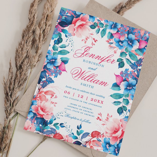 Romantische Blumenpracht Blau Rosa Elegante Hochze Einladung (Romantic Floral Vibrant Blue Pink Elegant Wedding Invitation)