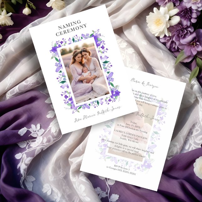 Romantische Blumenrahmen Lila Farbtöne 2 Fotos Einladung (Romantic Floral Frame in Purple Shades with 2 Photos Naming Ceremony Template Invitation Card. )