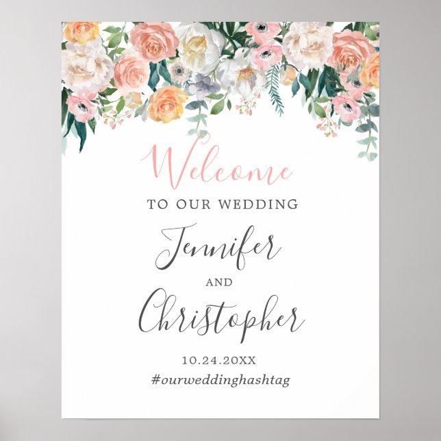 Romantische Blush Bloral Wedding Willkommenszeiche Poster (Vorne)