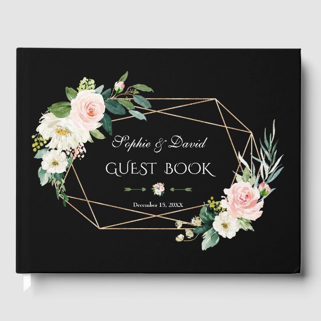 Romantische Blush-Blume Gold Frame Black Wedding Gästebuch (Vorderseite)