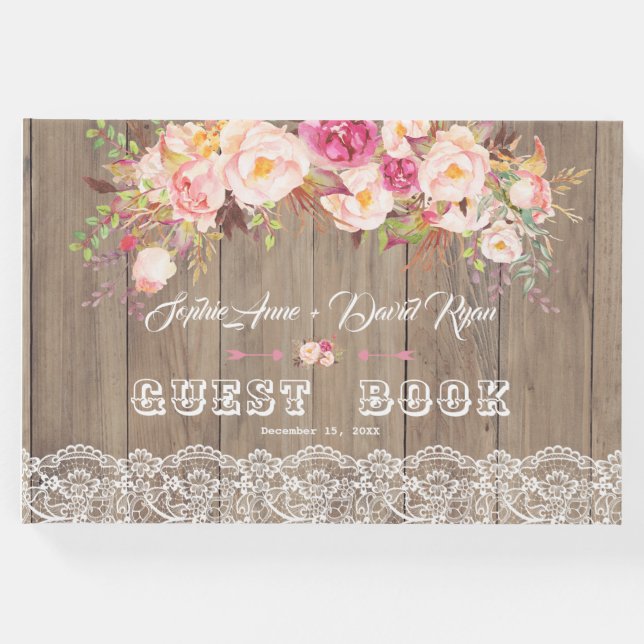 Romantische Blush Blume Lace Wood Wedding Gästebuch (Vorderseite)
