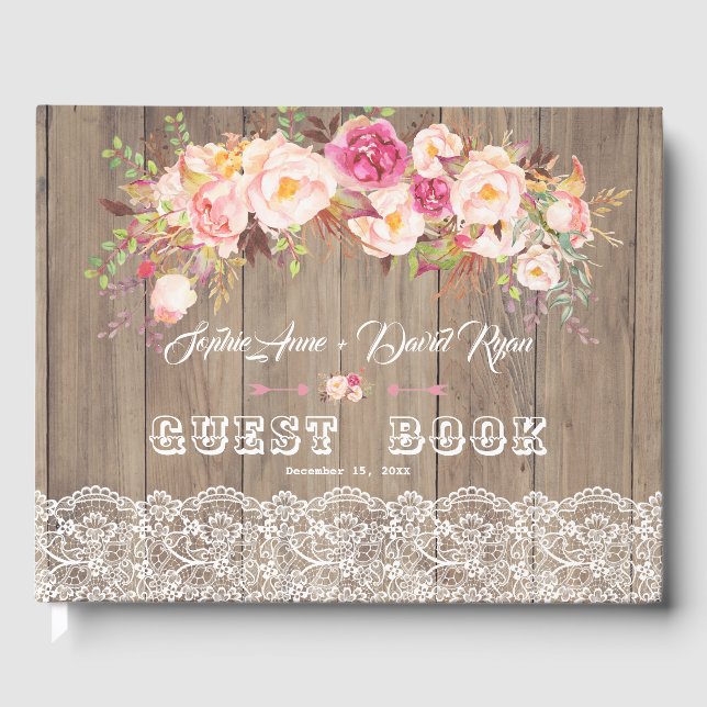 Romantische Blush Blume Lace Wood Wedding Gästebuch (Vorderseite)