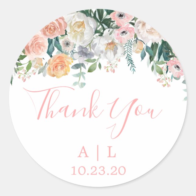 Romantische Blush Floral Wedding Danke Sticker (Vorderseite)