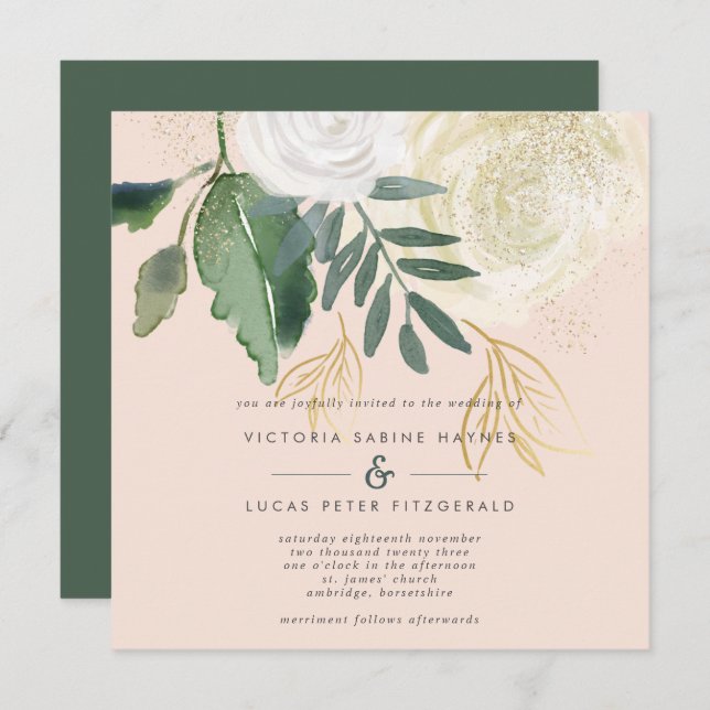 Romantische Blush & Green Square Hochzeit Einladung (Vorne/Hinten)