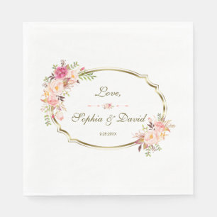 Romantische Blush Pink Floral Gold Rahmen Hochzeit Serviette
