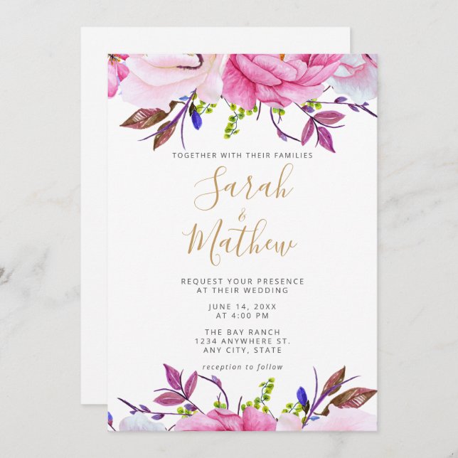 Romantische Blush Pink Floral Hochzeitskarte Einladung (Vorne/Hinten)