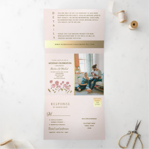 Romantische Blush Pink Foto Hochzeit Dreifach Gefaltete Einladung
