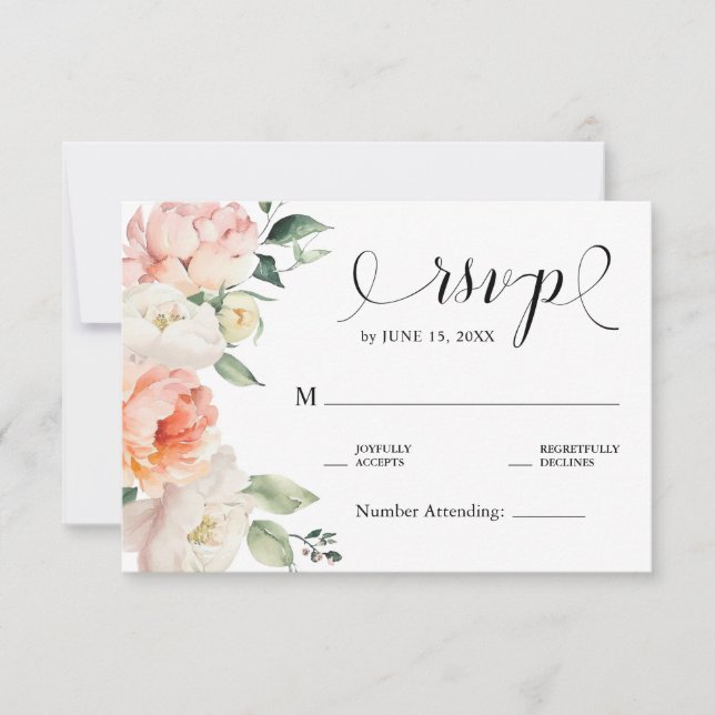 Romantische Blush Pink Peonies Floral Country Hoch RSVP Karte (Vorderseite)