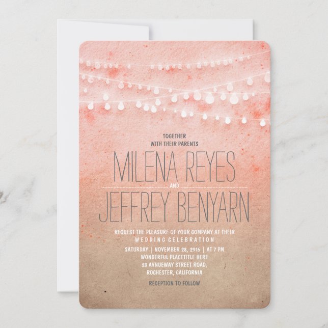 Romantische Blush Pink String Lights Wedites Einladung (Vorderseite)