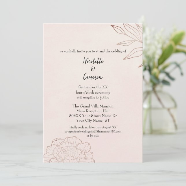 Romantische Blush Wedding Minimalistisch Peony Einladung (Stehend Vorderseite)