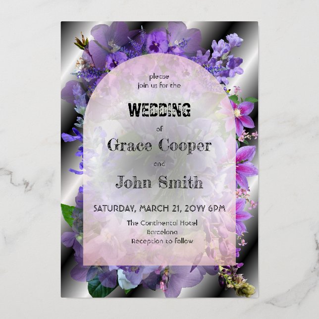 Romantische Blüte mit schwarzem und weißem Hinterg Folieneinladung (Vorderseite)