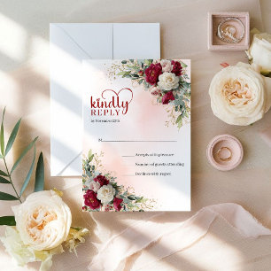 Romantische Bohemian Marsala Gold Florale Hochzeit RSVP Karte