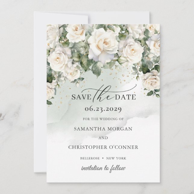 Romantische bohfarbige Rosen und grünes Grün Save The Date (Vorderseite)