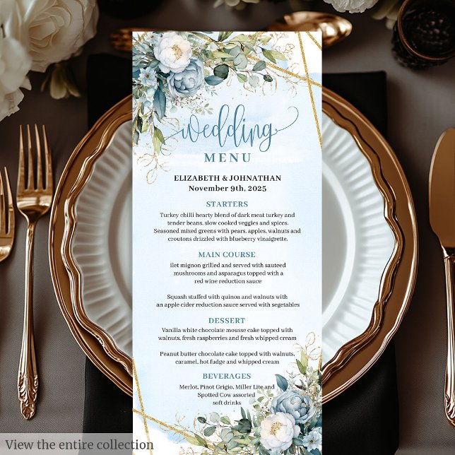 Romantische Boho Blue Peonies White Gold Dinner Me Menükarte (Romantic Blue Peonies White Gold Dinner Menu

)