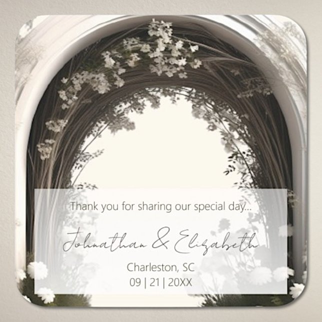 Romantische Boho Botanische Gastgeschenk Hochzeit Quadratischer Aufkleber (Romantic Boho Botanical Arch Wedding Favor Sticker)