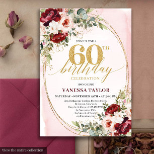 Romantische Boho-Burgunder-Gold-Rosen 60. Geburtst Einladung