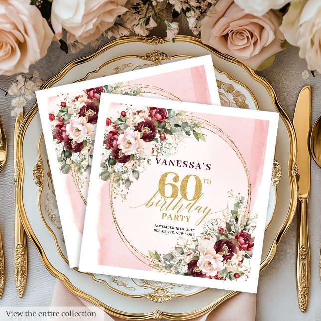 Romantische Boho-Burgunderrosen 60. Geburtstagsser Serviette (Romantic Boho Burgundy Roses 60th Birthday Napkins

)