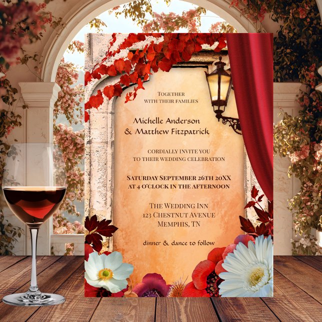Romantische Boho Chic Herbsthochzeit Einladung (Italian wedding invitation featuring festive and colorful autumn leaves and romantic flowers)