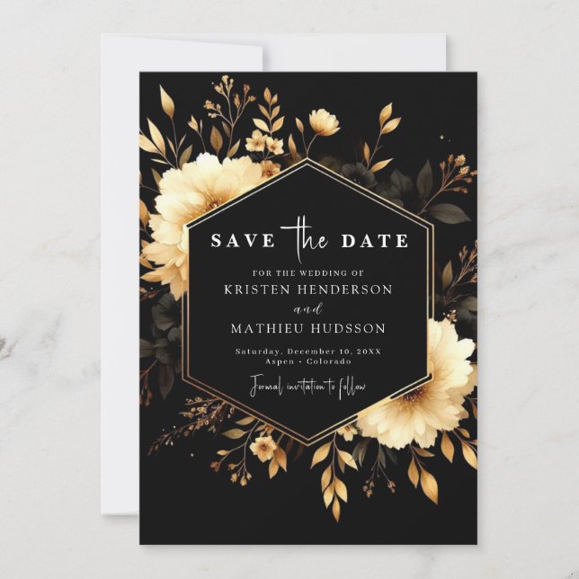 Romantische Boho Gold und Black Wedding Save The Date (Vorderseite)