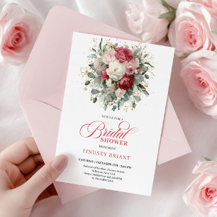 Romantische Boho-Karmesin-Rot-Gold-Blumen-Hochzeit Einladung