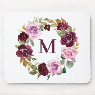 Romantische Boho Lila Fall Floral Wreath Monogram Mousepad