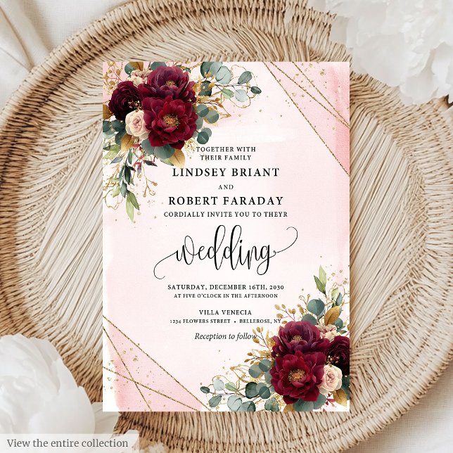Romantische Boho Marsala Blume Hochzeit Einladung (Romantic Boho Marsala Gold Blush Flowers Wedding Invitation)