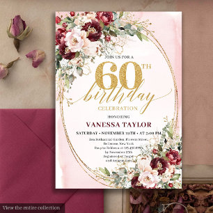 Romantische Boho Marsala Gold Blumen 60. Geburtsta Einladung