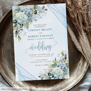 Romantische Boho Pastel Blue Silver Peonies Weddin Einladung