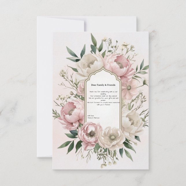 Romantische Boho Pink Peonies & Ivory Florals Wedd Dankeskarte (Vorderseite)