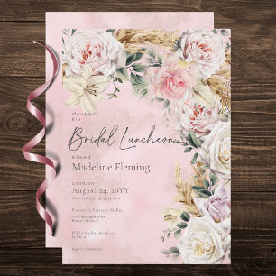 Romantische Boho-Rosa Rosen & Pampas-Bridal-Lunche Einladung