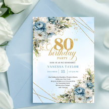 Romantische Boho-Staubblau-Blumen-Gold 80. Geburts