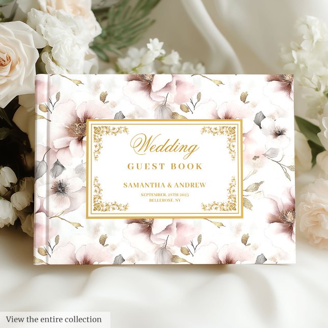 Romantische boho staubige rosa Blume Goldhochzeit Gästebuch (Romantic boho dusty pink flowers gold wedding Guest Book)