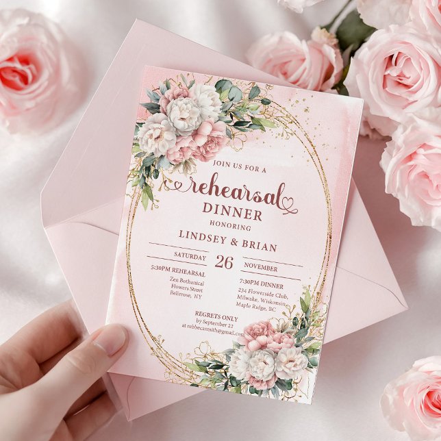 Romantische Boho-Staubrosa-Eukalyptus-Probeessen-K Einladung (Romantic Boho Dusty Pink Eucalyptus Rehearsal Invite)