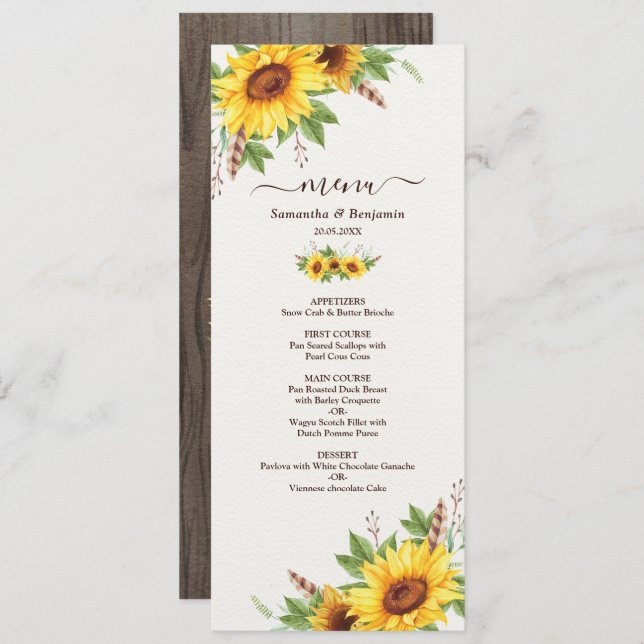 Romantische Boho Sunflowers Wedding Menu Card Einladung (Vorne/Hinten)