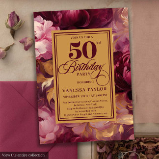 Romantische bordeauxrote Rose 50. Geburtstag Einladung