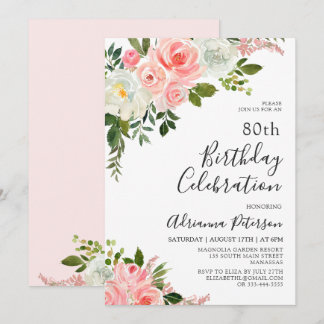 Romantische botanische Blush-Rose Floral 80. Gebur Einladung