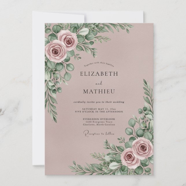 Romantische botanische Hochzeit in Mauve Einladung (Vorderseite)